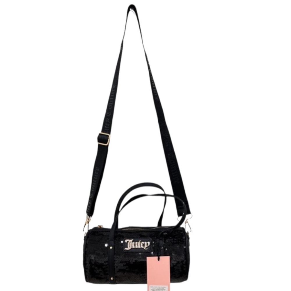 Juicy Couture Sequin Barrel Bag Black Crossbody Guitar Strap Queen of Everything